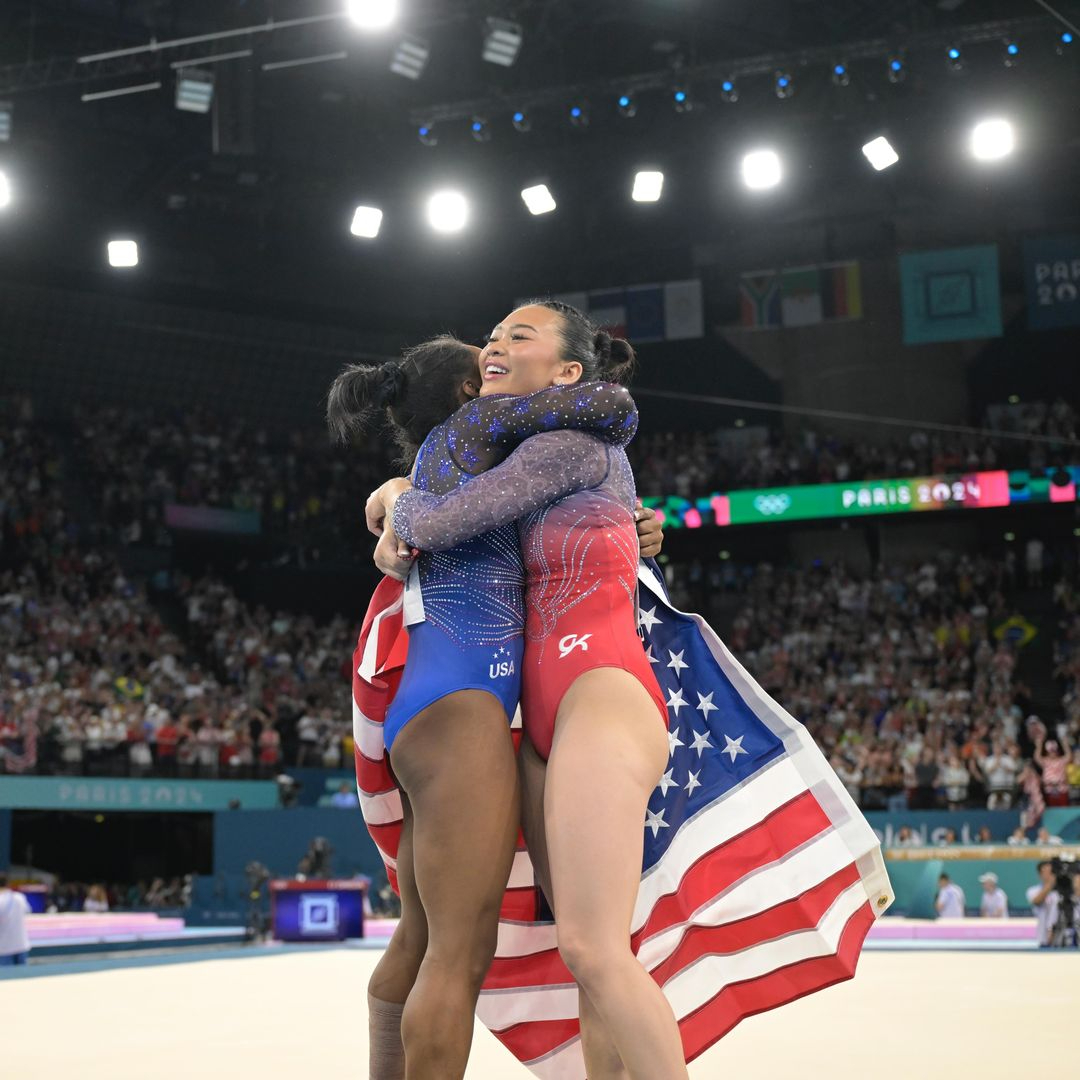 As soon as Suni completed her floor routine and she was guaranteed to win a medal, Simone embraced her and said, "I'm so proud of you." In the end, Suni pulled through for a bronze medal with a total score of 56.465! Rebeca (Brazil) earned a total score of 57.932 to win silver, and Simone (USA) earned a total score of 59.131 to win gold. With these wins, Suni and Simone also make history as the first U.S. Olympic gymnasts to own multiple all-around medals, according to USA Gymnastics and Team USA. Congrats to all who competed today. What a competition! 