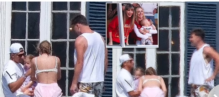 Taylor Swift and Travis Kelce have baby fever as they are seen cooing over teammate Patrick Mahomes's three-year-old daughter at her Rhode Island mansion