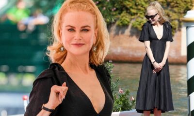 Nicole Kidman cuts a glamorous figure in plunging black midi dress as she promotes her erotic thriller Babygirl at Venice Film Festival - after admitting she's not 'brave enough' to watch it