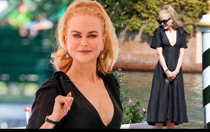 Nicole Kidman cuts a glamorous figure in plunging black midi dress as she promotes her erotic thriller Babygirl at Venice Film Festival - after admitting she's not 'brave enough' to watch it