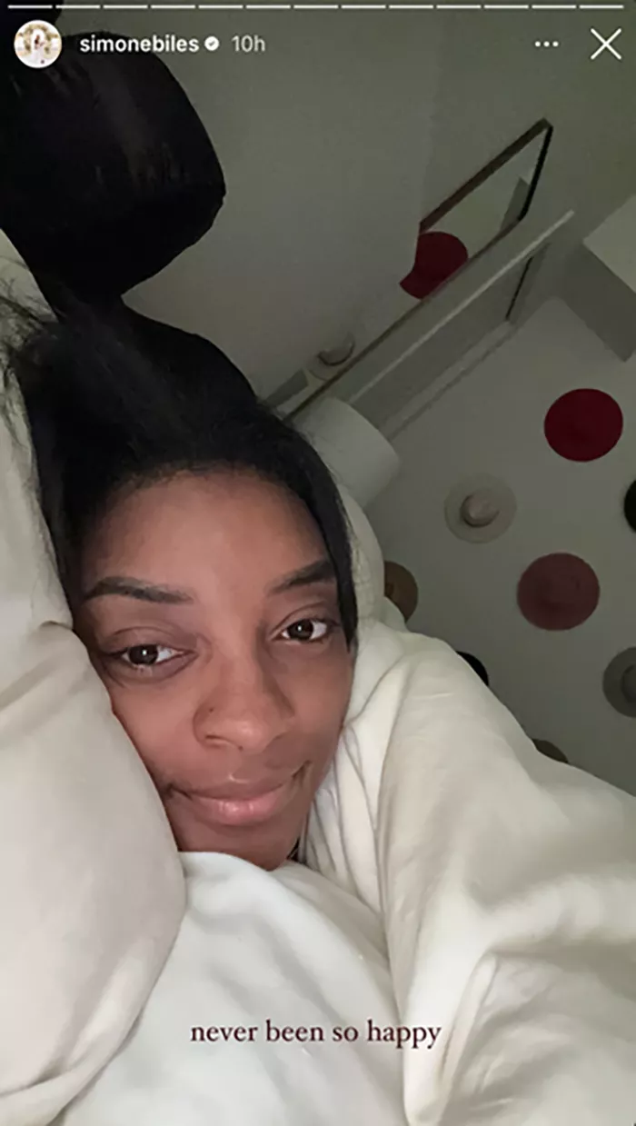 Simone Biles Shares Makeup-Free Selfie from Bed as She Ditches Paris Olympics Glam for Return Home