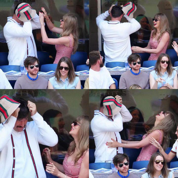 his expensive af kfc bucket hat ruining his hair, him trying to fix it, Taylor laughing at him, peak comedy