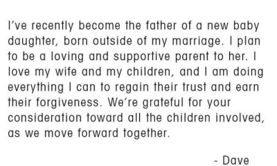 Foo Fighters frontman Dave Grohl says he recently became the father of "a new baby daughter, born outside of my marriage"